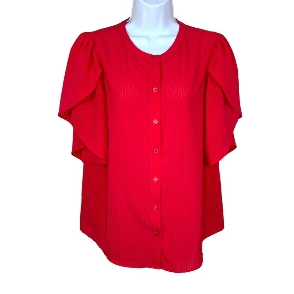 Who What Wear Melon Red Pink Blouse Button Down Ruffle Layered Sleeve Medium